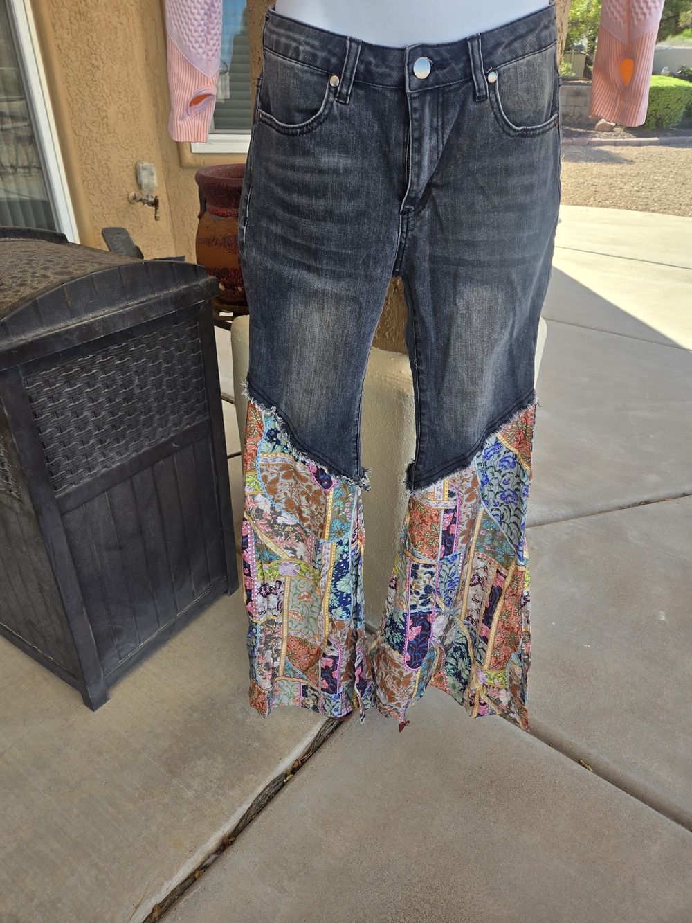Black Distressed Jeans with Multicolor Patchwork Flare